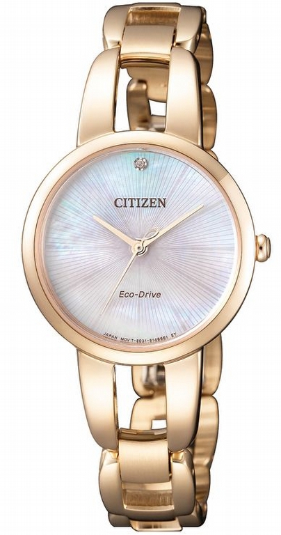 Citizen elegant damklocka med Eco-Drive och pärlemorskiva i rosé PVD | EM0433-87D - Quartz - Guld - Damklocka - Rostfri stål - Safir