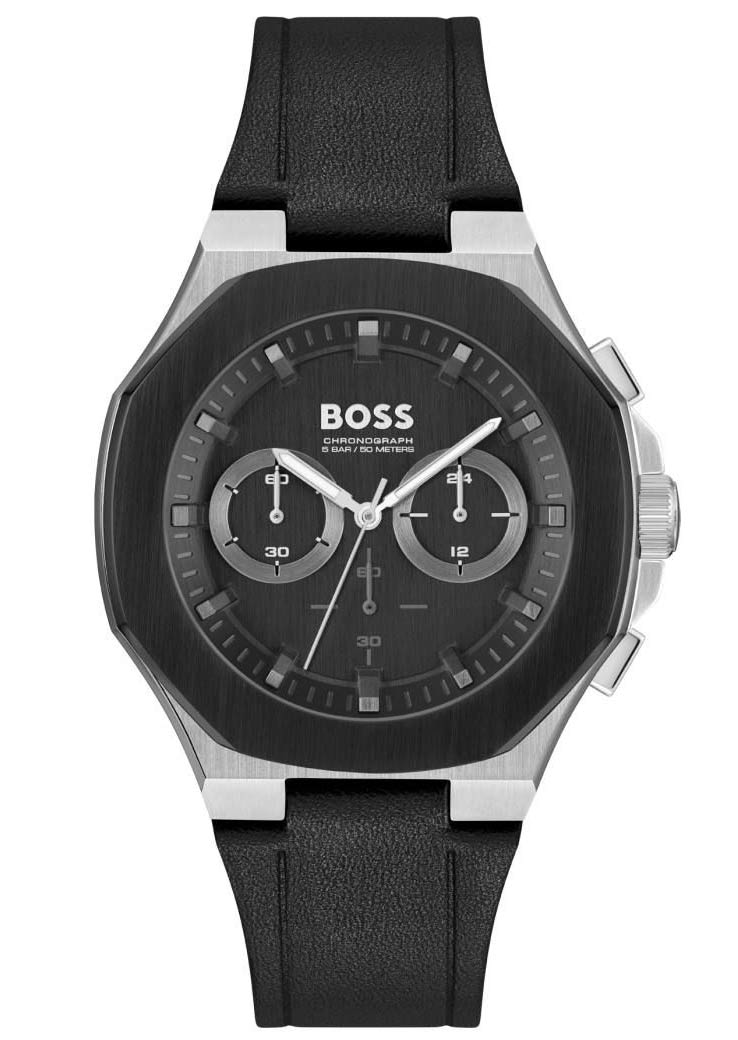 BOSS Taper 1514085 - Quartz - Silver - Herrklocka - Läder - Härdat mineralglas
