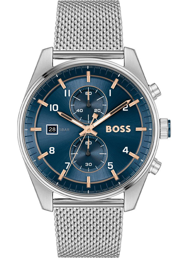 BOSS Skytraveller 1514149 - Quartz - Silver - Herrklocka - Mesh - Härdat mineralglas