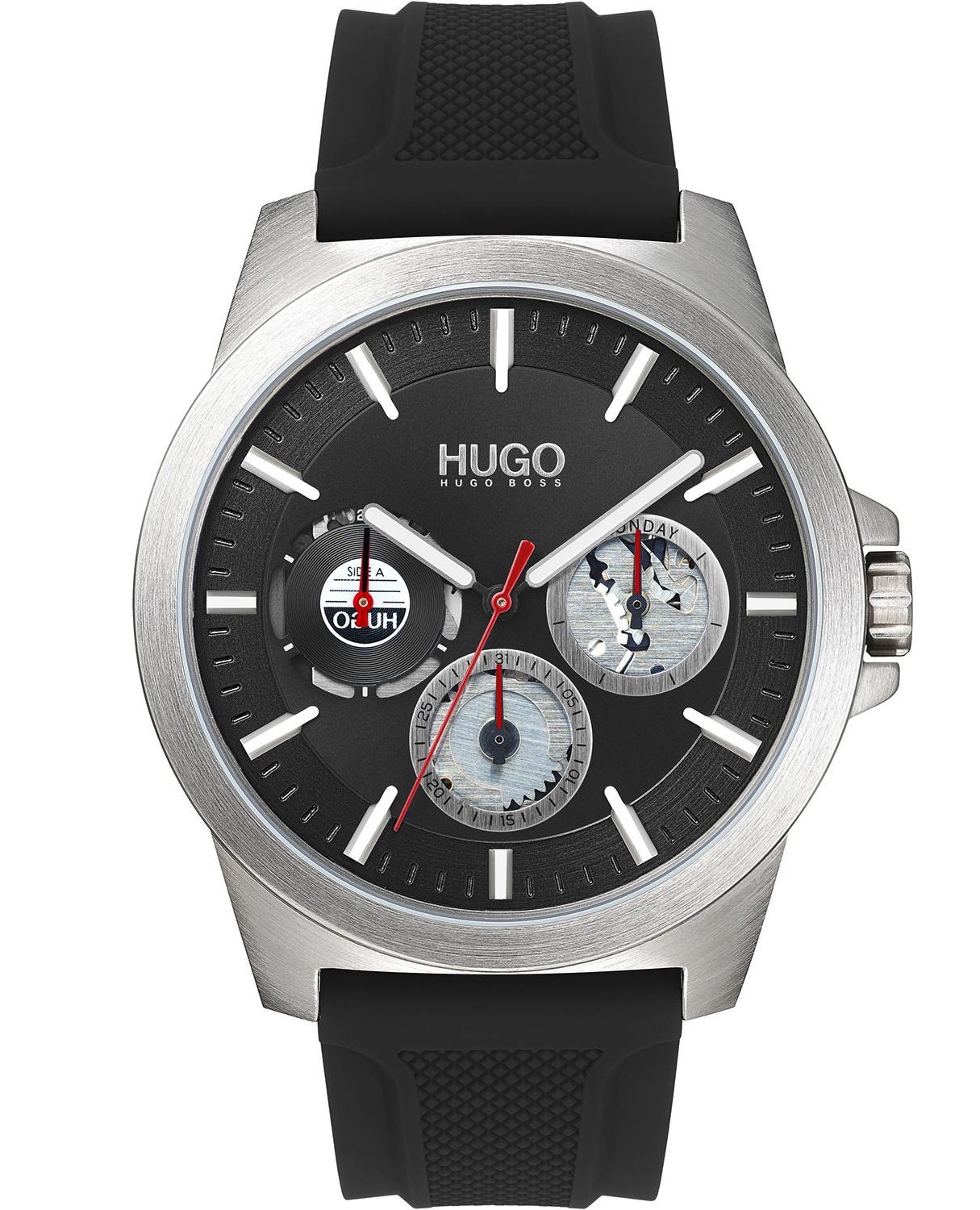 Miniurtavlor för visning av datum och veckodag... med lite av urverket synligt - Hugo Boss Twist 1530129 - Quartz - Silver - Herrklocka - Silikon...