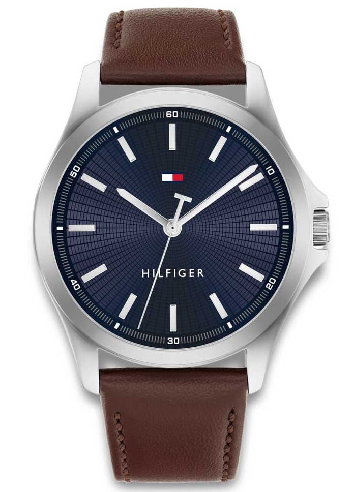 Tommy Hilfiger Mens Blue Brown Leather 43mm - Quartz - Silver - Herrklocka - Läder - Härdat mineralglas