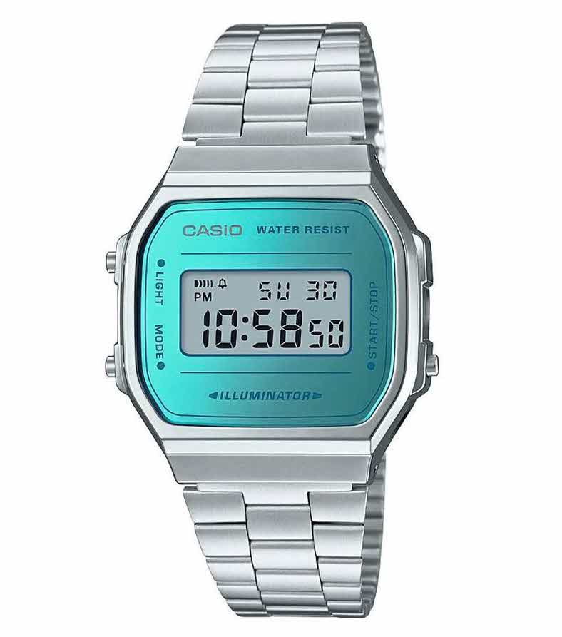 Casio | Vintage digital klocka med blå metallisk urtavla | A168WEM-2EF - Digitalt - Silver - Unisex - Rostfri stål - Härdat mineralglas