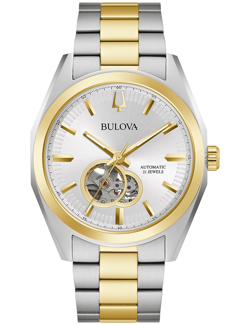 Bulova Surveyor automatisk herrklocka med synligt urverk och tvåfärgad stållänk | 98A284 - Automatisk - Silver - Herrklocka - Rostfri stål -...