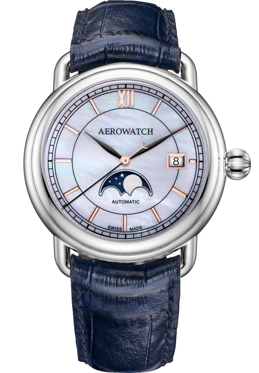 Aerowatch 1942 Moon Phase A 77983 AA02 BR BLEU - Automatisk - Silver - Herrklocka - Läder - Safir