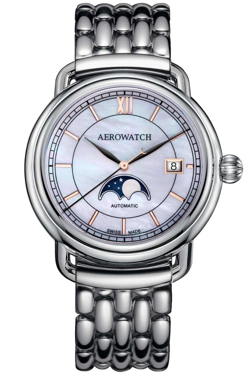 Aerowatch 1942 Moon Phase A 77983 AA02 M - Automatisk - Silver - Herrklocka - Rostfri stål - Safir