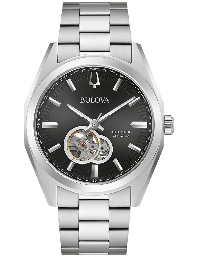 bulova Surveyor automatisk herrklocka med synligt urverk och svart urtavla | 96A270 - Automatisk - Silver - Herrklocka - Rostfri stål - Härdat...