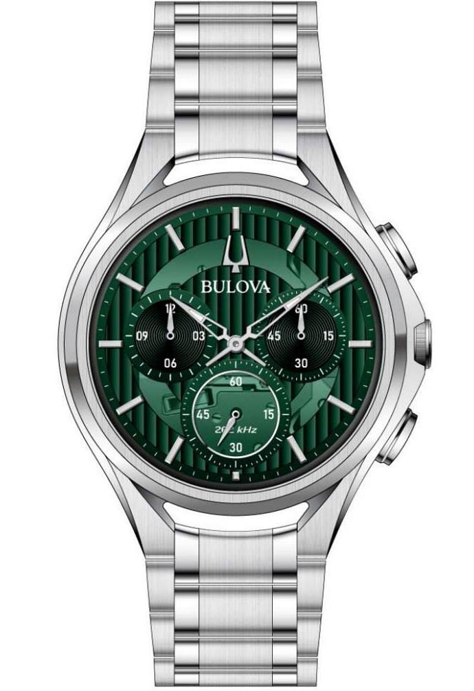 Bulova CURV kronograf herrklocka med grön urtavla och högprecisionsurverk | 96A297 - Quartz - Silver - Herrklocka - Rostfri stål - Safir