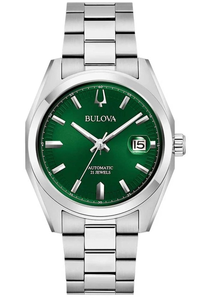 Elegant automatisk herrklocka från Bulova med grön urtavla och stållänk - Surveyor Collection | 96B429 - Automatisk - Silver - Herrklocka -...