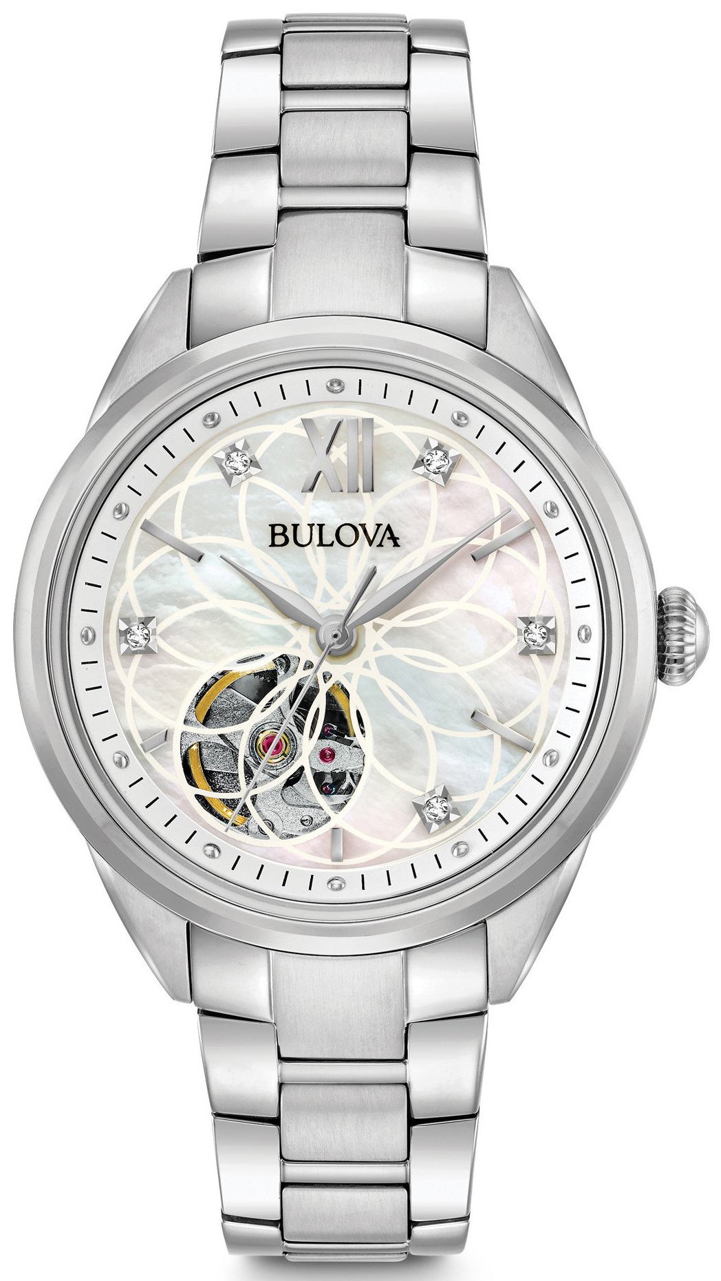 Bulova Classic automatisk damklocka med pärlemorskiva, äkta diamanter och synligt urverk | 96P181 - Automatisk - Silver - Damklocka - Rostfri stål...
