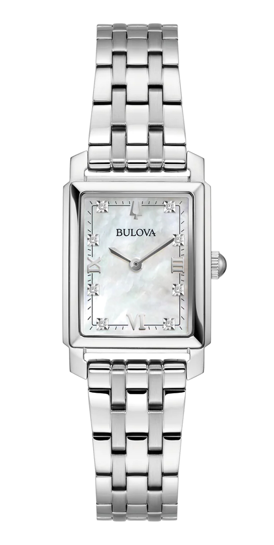 Elegant rektangulär damklocka från Bulova med pärlemorskiva och diamanter i stål - Sutton Collection | 96P244 - Quartz - Silver - Damklocka -...