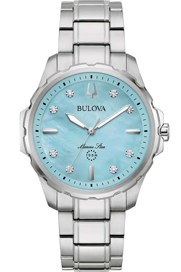 Elegant damklocka från Bulova med diamanter och blå pärlemorskiva i rostfritt stål - Marine Star Collection | 96P248 - Quartz - Silver - Damklocka...