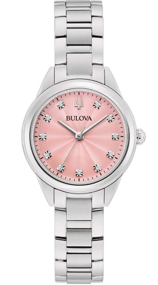 Elegant damklocka från Bulova med rosa urtavla och 11 diamanter i rostfritt stål - Sutton Collection | 96P249 - Quartz - Silver - Damklocka -...
