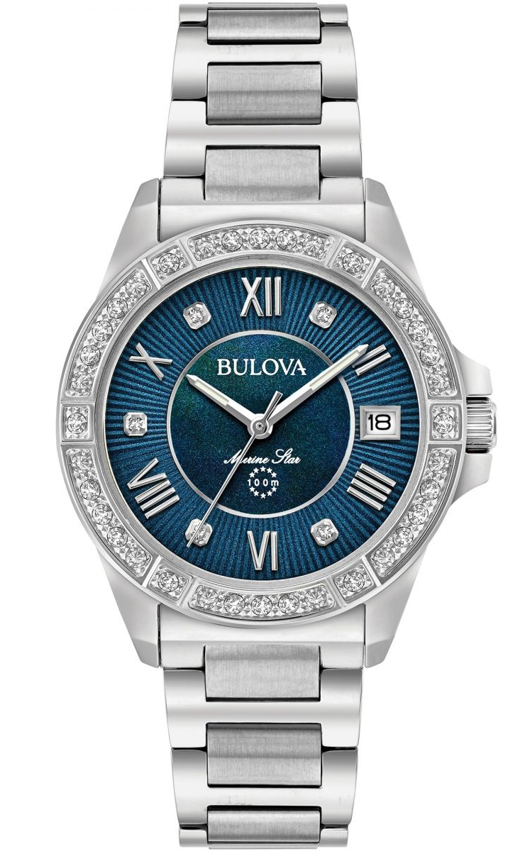 Bulova Marine Star damklocka med blå pärlemorskiva och äkta diamanter | 96R215 - Quartz - Silver - Damklocka - Rostfri stål - Safir