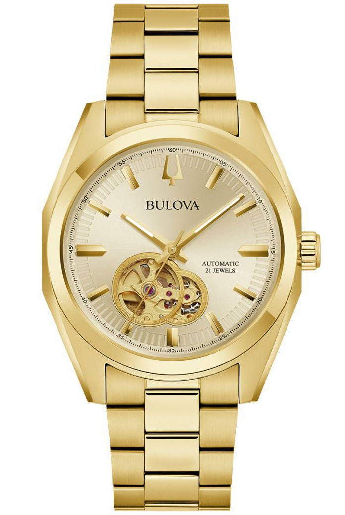 Elegant automatisk herrklocka från Bulova med öppen urtavla och guldfärgad finish - Surveyor Collection | 97A182 - Automatisk - Guld - Herrklocka...