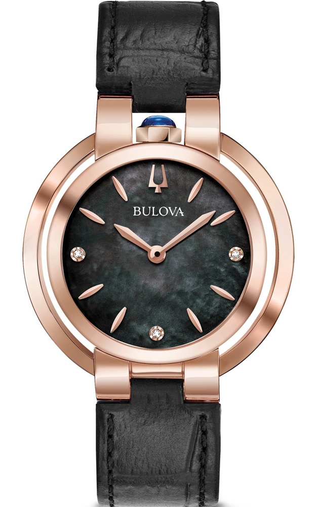 Bulova Rubaiyat damklocka med svart pärlemorskiva, diamanter och roséguldfärgat urhus | 97P139 - Quartz - Rött guld - Damklocka - Läder - Safir