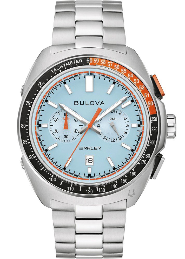 Sportig herrklocka från Bulova med kronograf och ljusblå urtavla - Racer Chronograph Collection | 98B432 - Quartz - Silver - Herrklocka - Rostfri...