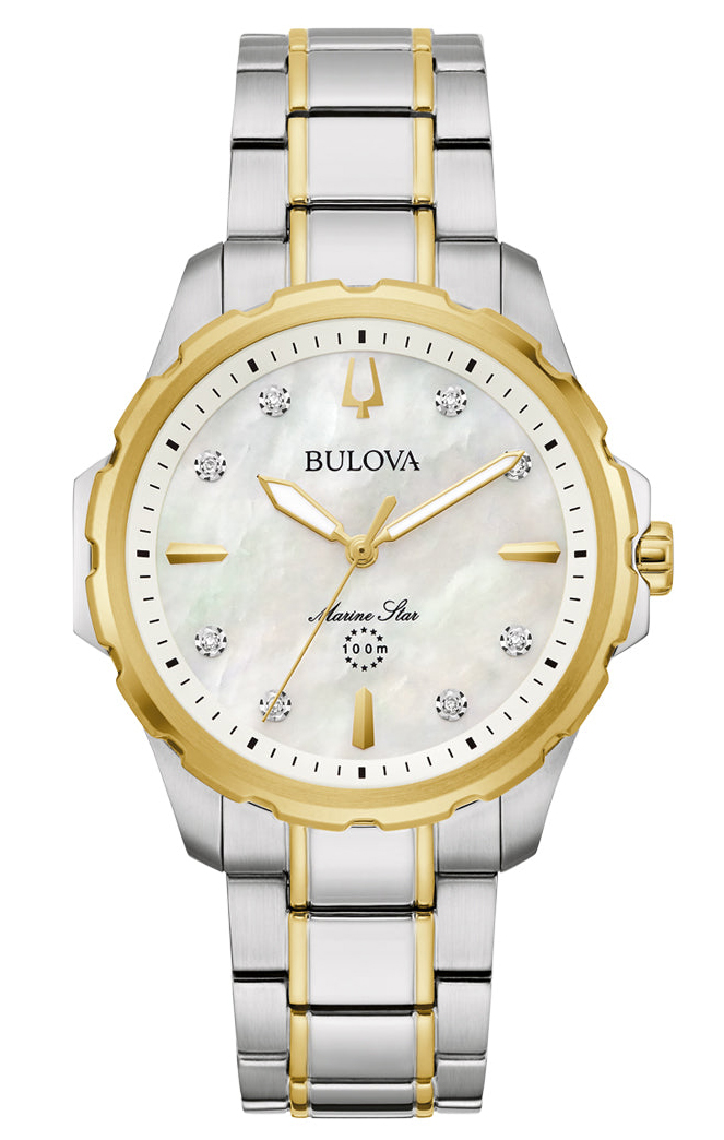 Elegant damklocka från Bulova med pärlemorsurtavla och diamanter i tvåfärgat stål - Marine Star Collection | 98P227 - Quartz - Silver - Damklocka...