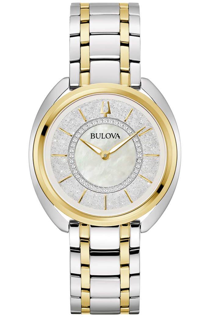 Exklusiv damklocka från Bulova med diamanter, pärlemorskiva och utbytbara remmar | 98X134 - Quartz - Silver - Damklocka - Rostfri stål - Härdat...