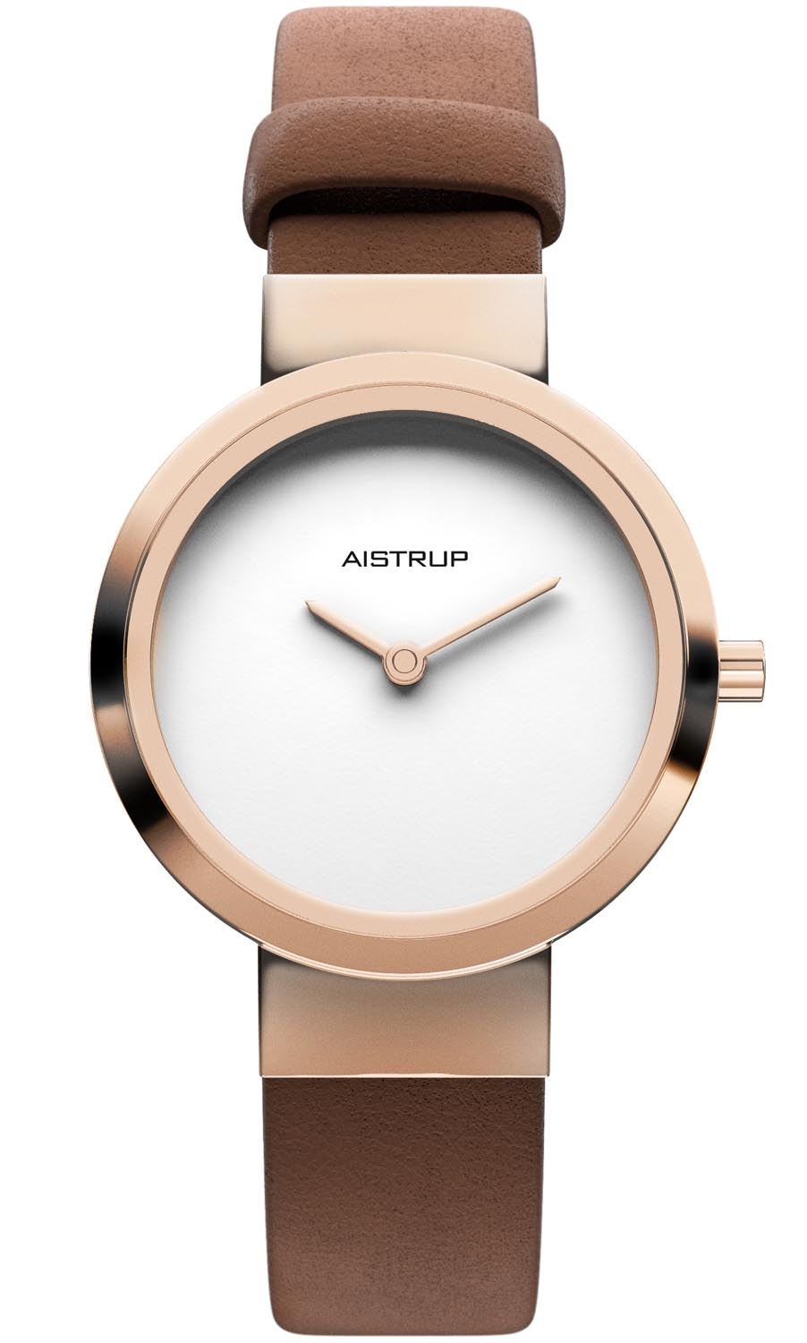 Aistrup | Elegant minimalistisk damklocka i roséfinish med vit urtavla och exklusivt brunt läderarmband designad för den sofistikerade kvinnan | 