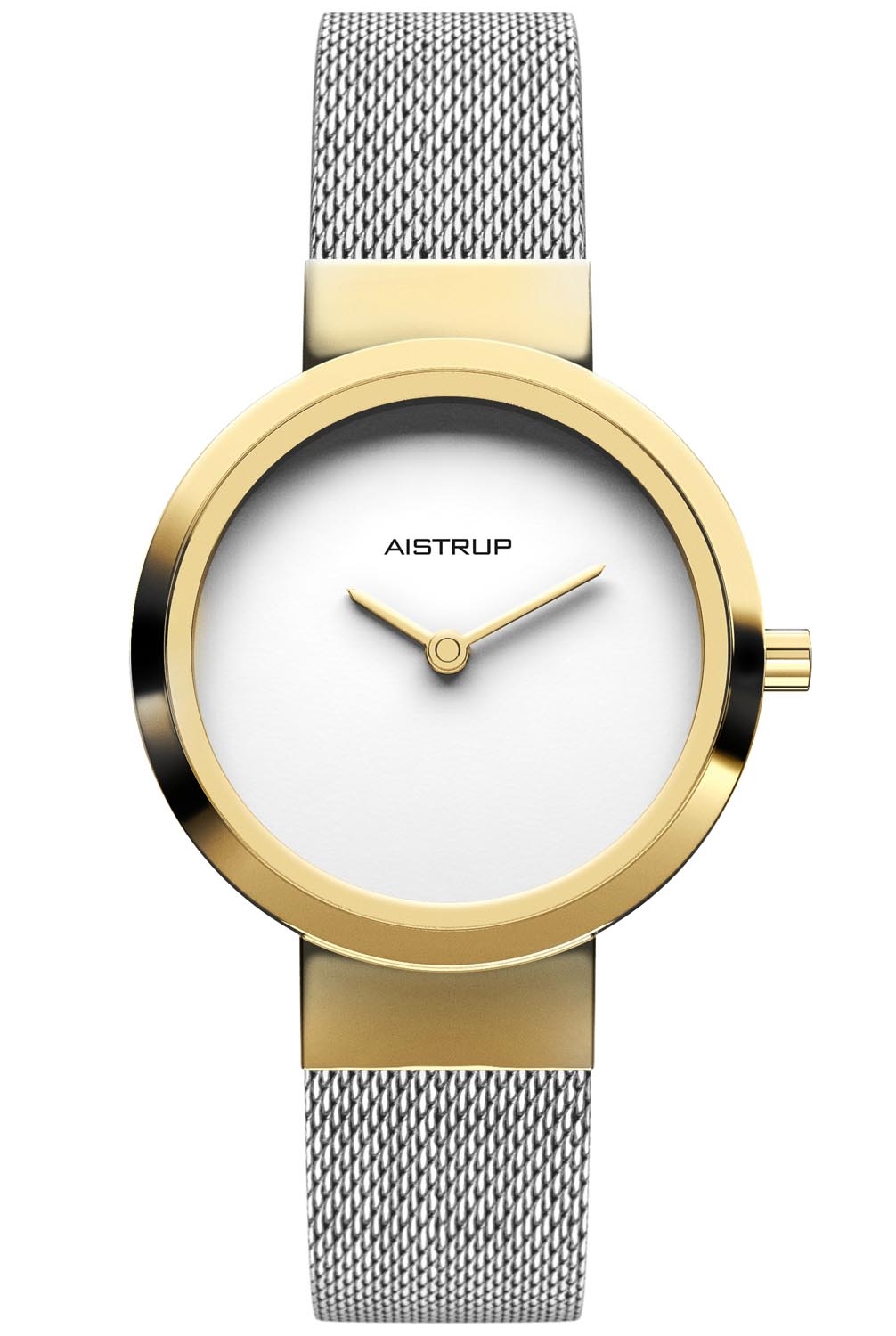 Aistrup | Minimalistisk damklocka med vit urtavla, gyllene finish och mesh stålarmband i tvådelad design | AIW7614 - Digitalt - Guld - Damklocka - 