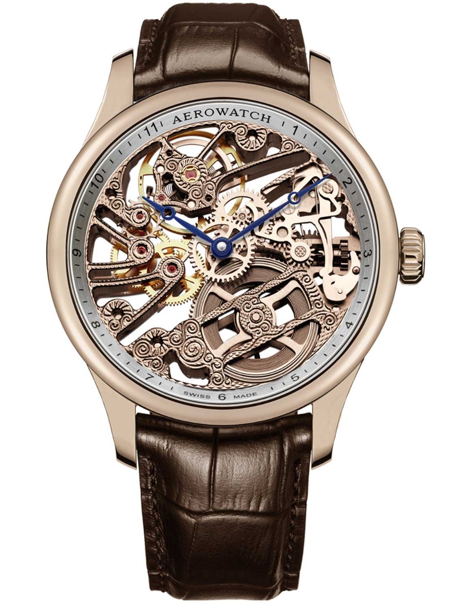 Aerowatch Renaissance Big Mechanical Skeleton A 50981 R101 - Mechanical Automatic (hand-wound) - Rött guld - Herrklocka - Läder - Safir