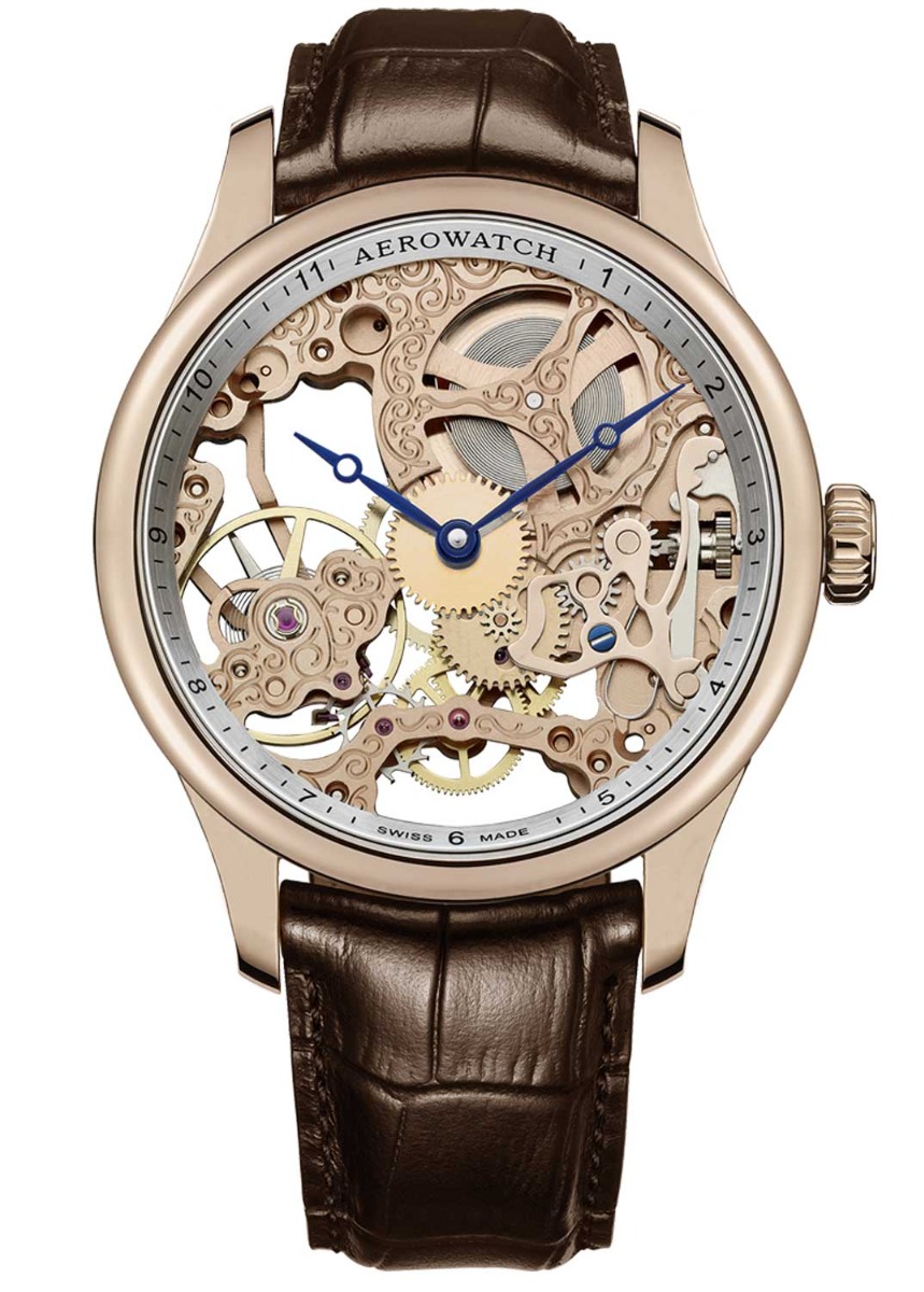 Aerowatch Renaissance Big Mechanical Skeleton A 57981 R101 - Mechanical Automatic (hand-wound) - Rött guld - Herrklocka - Läder - Safir