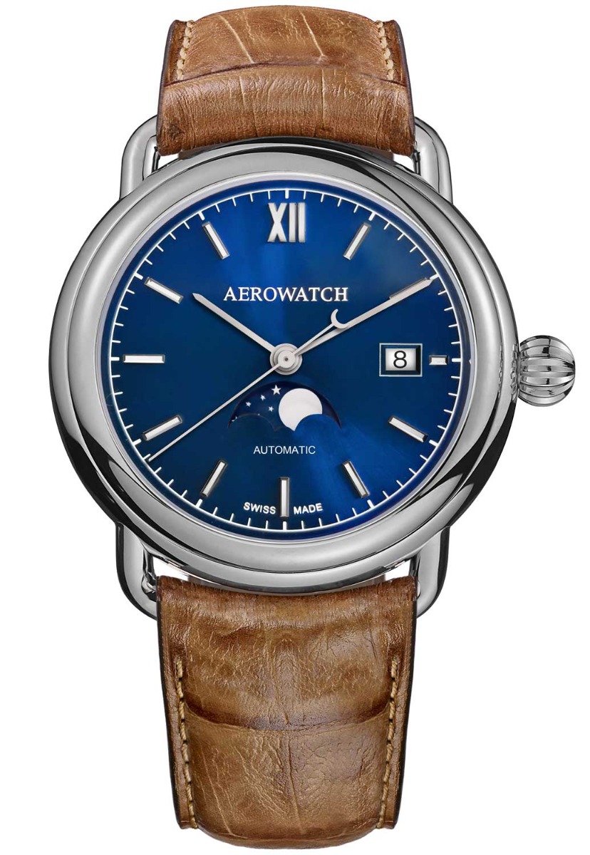 Aerowatch 1942 Moon Phase Automatic A 77983 AA06 - Automatisk - Silver - Herrklocka - Läder - Safir
