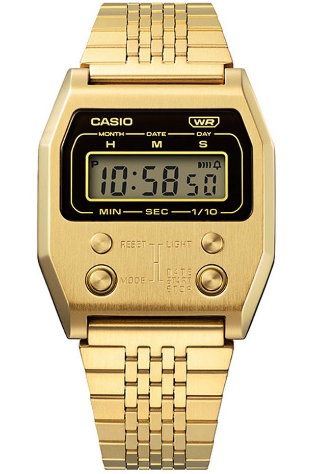 Casio | Vintage 70-tals revival guld digital klocka med texturerad yta | A1100G-5EF - Digitalt - Guld - Unisex - Rostfri stål - Härdat mineralglas