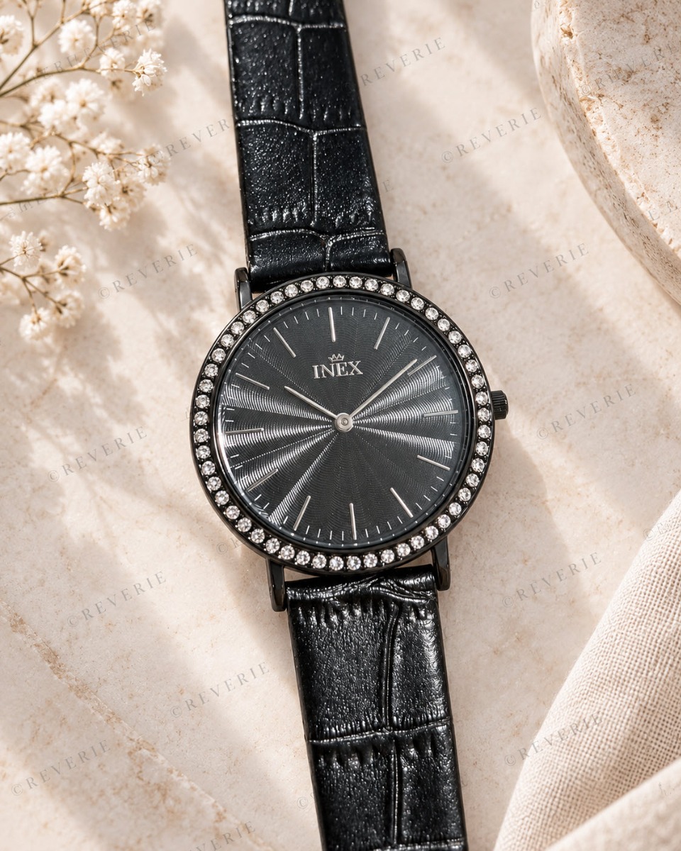 Inex Ladies Shiny Black Leather - Quartz - Svart - Damklocka - Läder - Härdat mineralglas