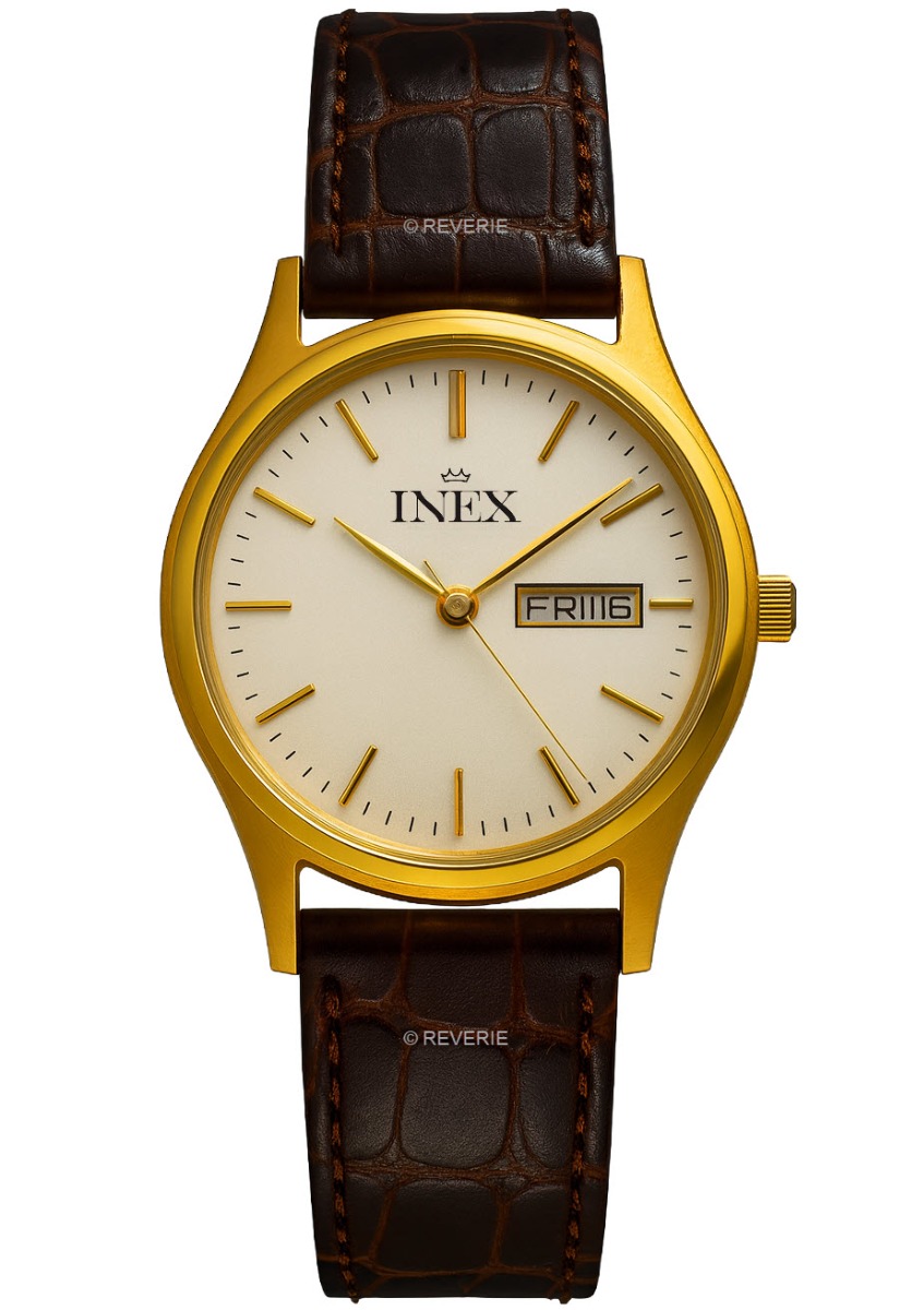 Herrur med armband av läder - Inex Mens Gold/White A12124-1D0I - Quartz - Guld - Herrklocka - Läder - Härdat mineralglas