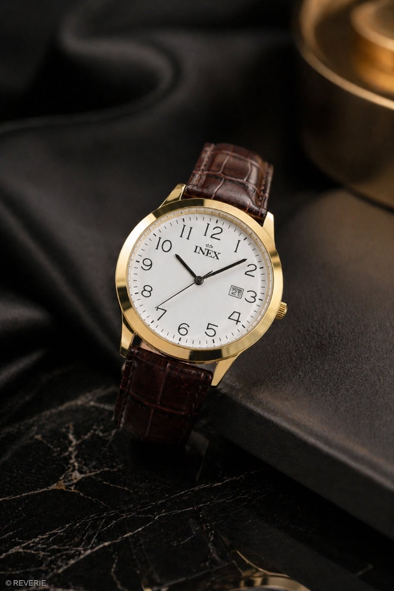 Inex Mens 40mm Golden Classic - Quartz - Guld - Herrklocka - Läder - Härdat mineralglas