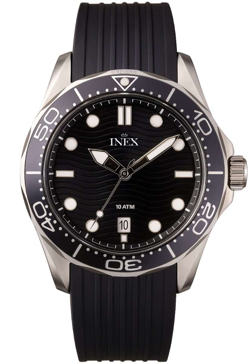 Inex Mens 100m Sport Black 43mm - Quartz - Silver - Herrklocka - Gummi - Härdat mineralglas