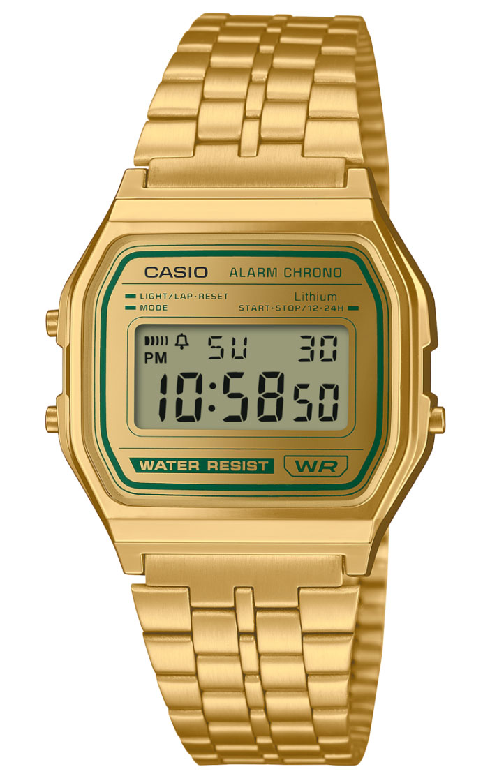 Casio Vintage guld klocka med grön digital display och retro känsla | A158WEGV-9AEF - Digitalt - Guld - Unisex - Rostfri stål - Härdat mineralglas