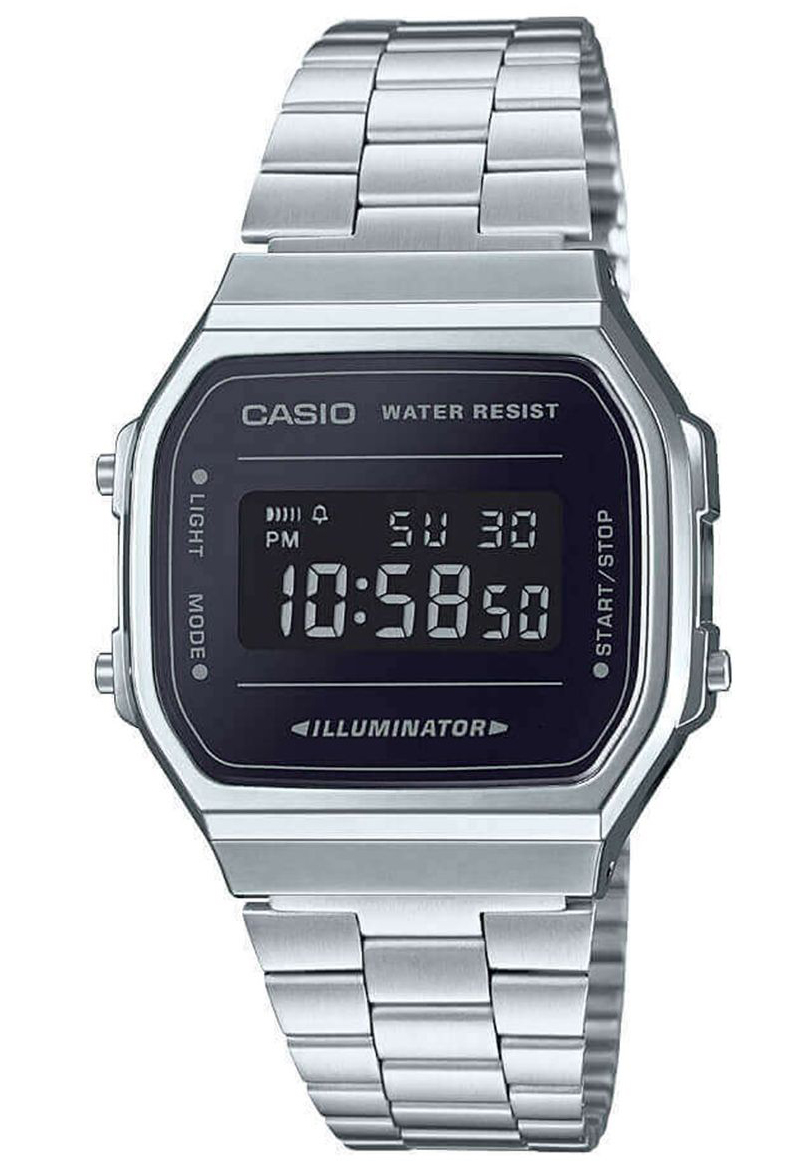 Casio | Klassisk digital klocka med LED-ljus och stålarmband | A168WEM-1EF - Digitalt - Silver - Damklocka - Rostfri stål - Härdat mineralglas