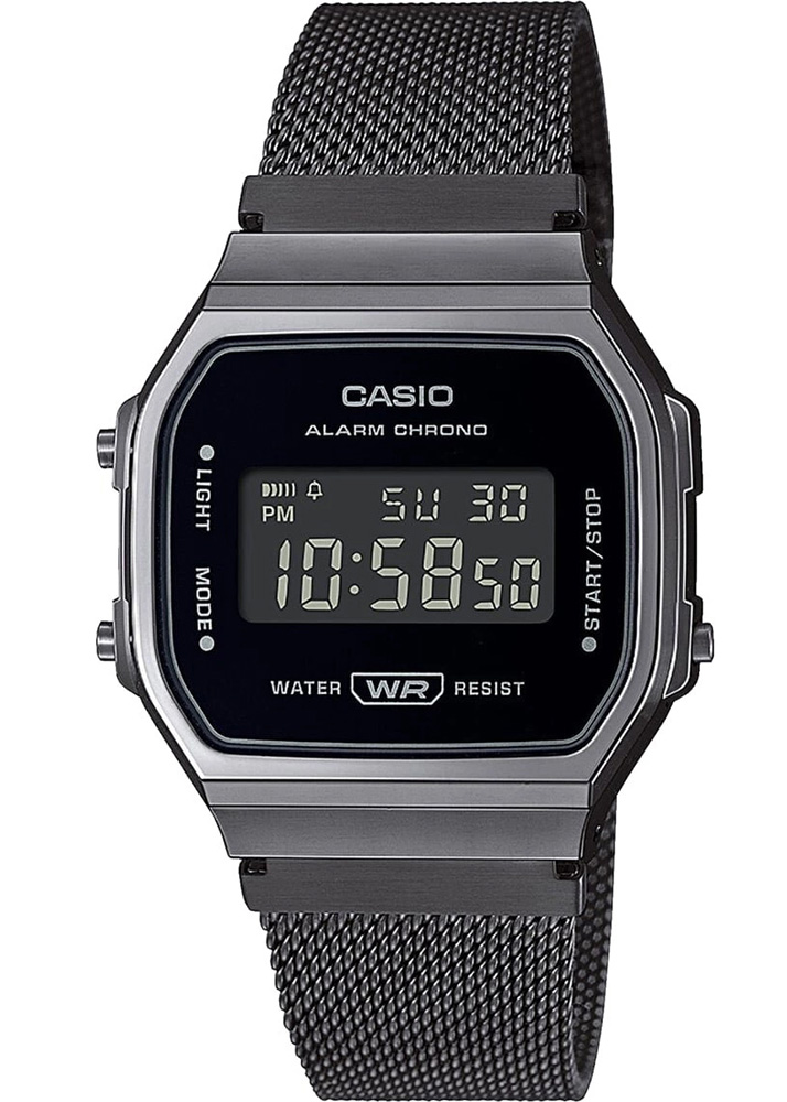Casio | Svart digital meshklocka med retro LED-belysning | A168WEMB-1BEF - Digitalt - Gunmetal - Damklocka - Mesh - Akryl