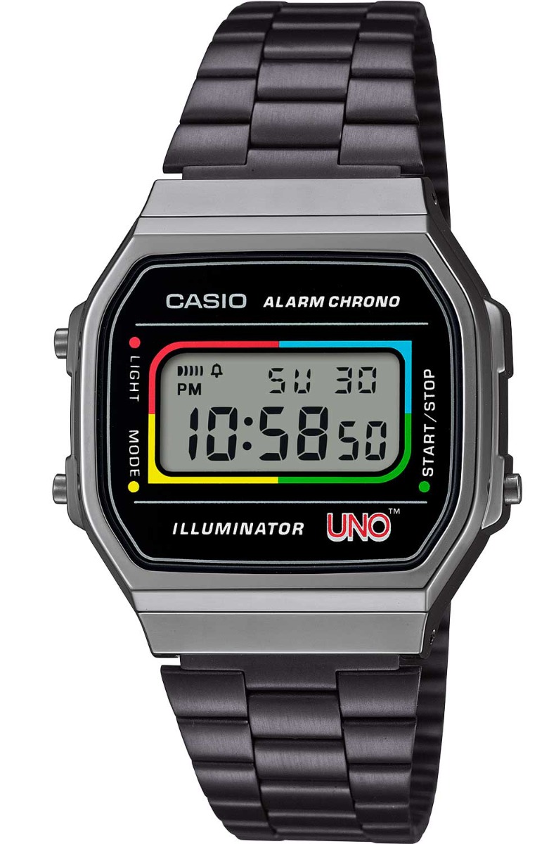 Casio UNO Vintage Digital Watch Wild Card Edition i retrostil | A168WEUC-1AER - Digitalt - Svart - Unisex - Rostfri stål - Akryl
