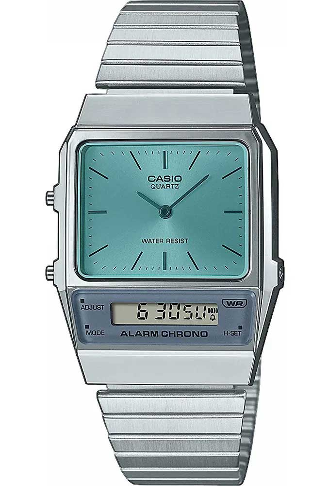 1980-talsinspirerad Casio med ljusblå dubbel tidsdisplay och retrostil | AQ-800EC-2AEF - Analog-digital-mix - Silver - Unisex - Rostfri stål -...