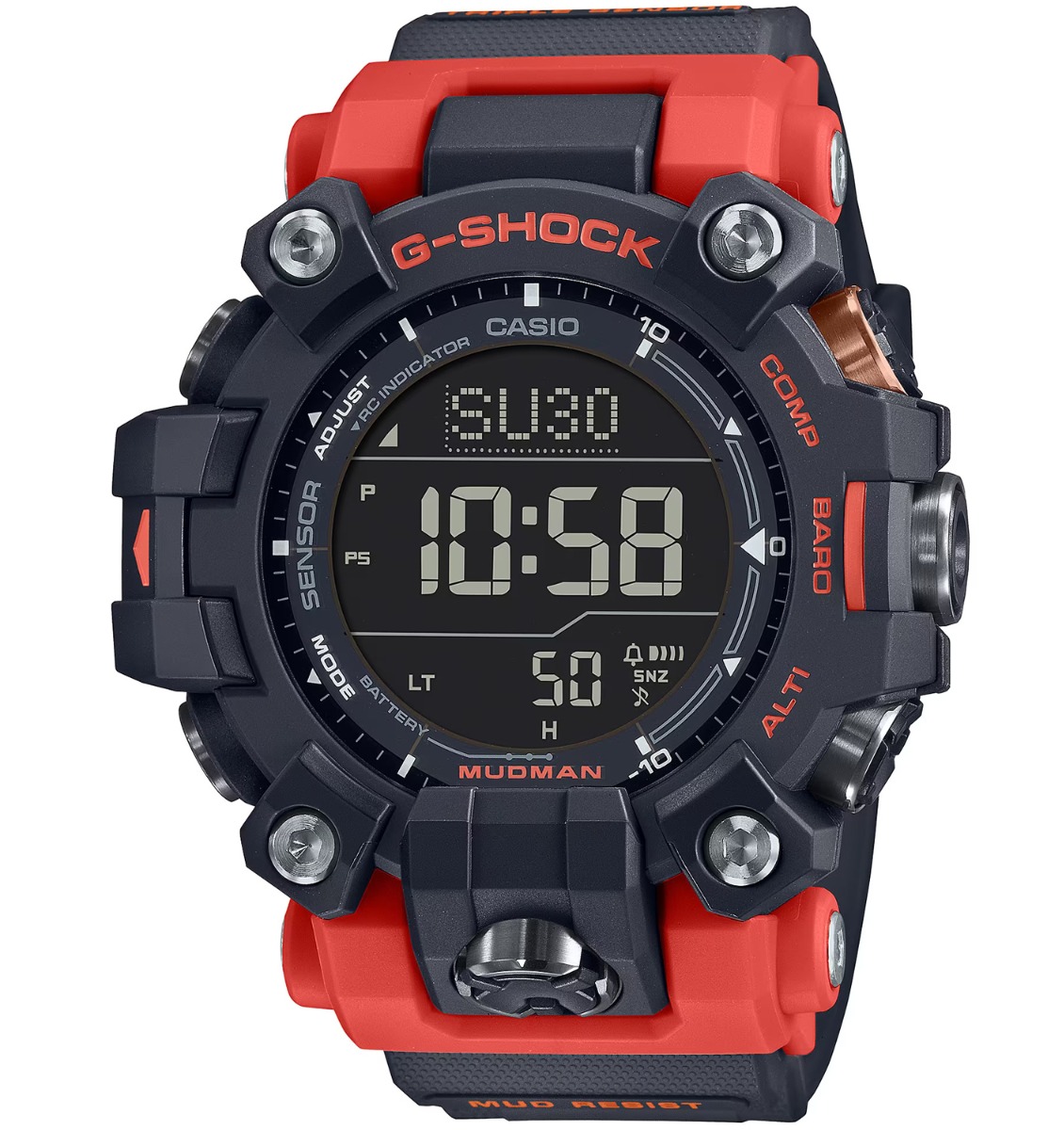 Casio | Mud-Resistant Solar Mudman med trippelsensor och rött armband | GW-9500-1A4ER - Digitalt - Svart - Herrklocka - Harts - Härdat mineralglas