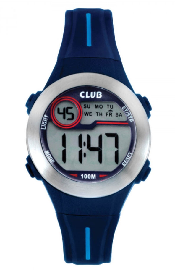 Digitalklocka med gummiarmband, akrylglas samt datumvisning - Club 100M Blue A47114S8E - Digitalt - Blå - Barnklocka - Gummi - Akryl