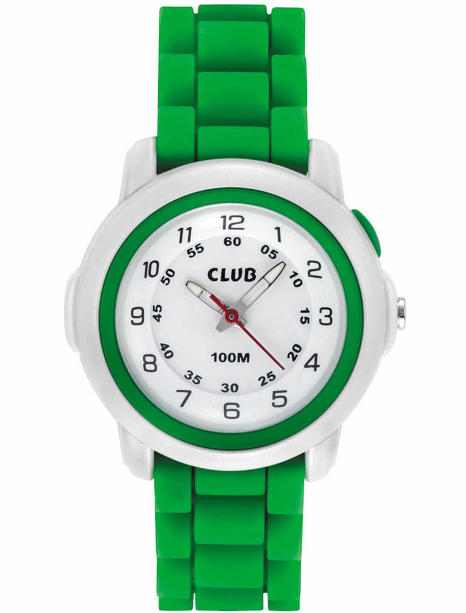 Club 100M Green White PX-B03 - Quartz - Silver - Barnklocka - Gummi - Härdat mineralglas