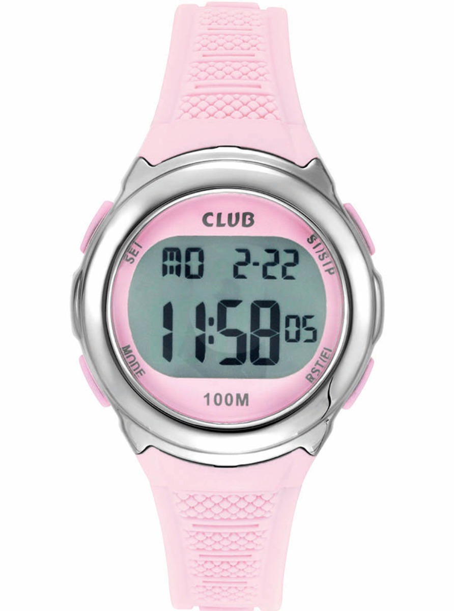 Club 100M Pink Grey BAS-002 - Digitalt - Silver - Barnklocka - Gummi - Härdat mineralglas