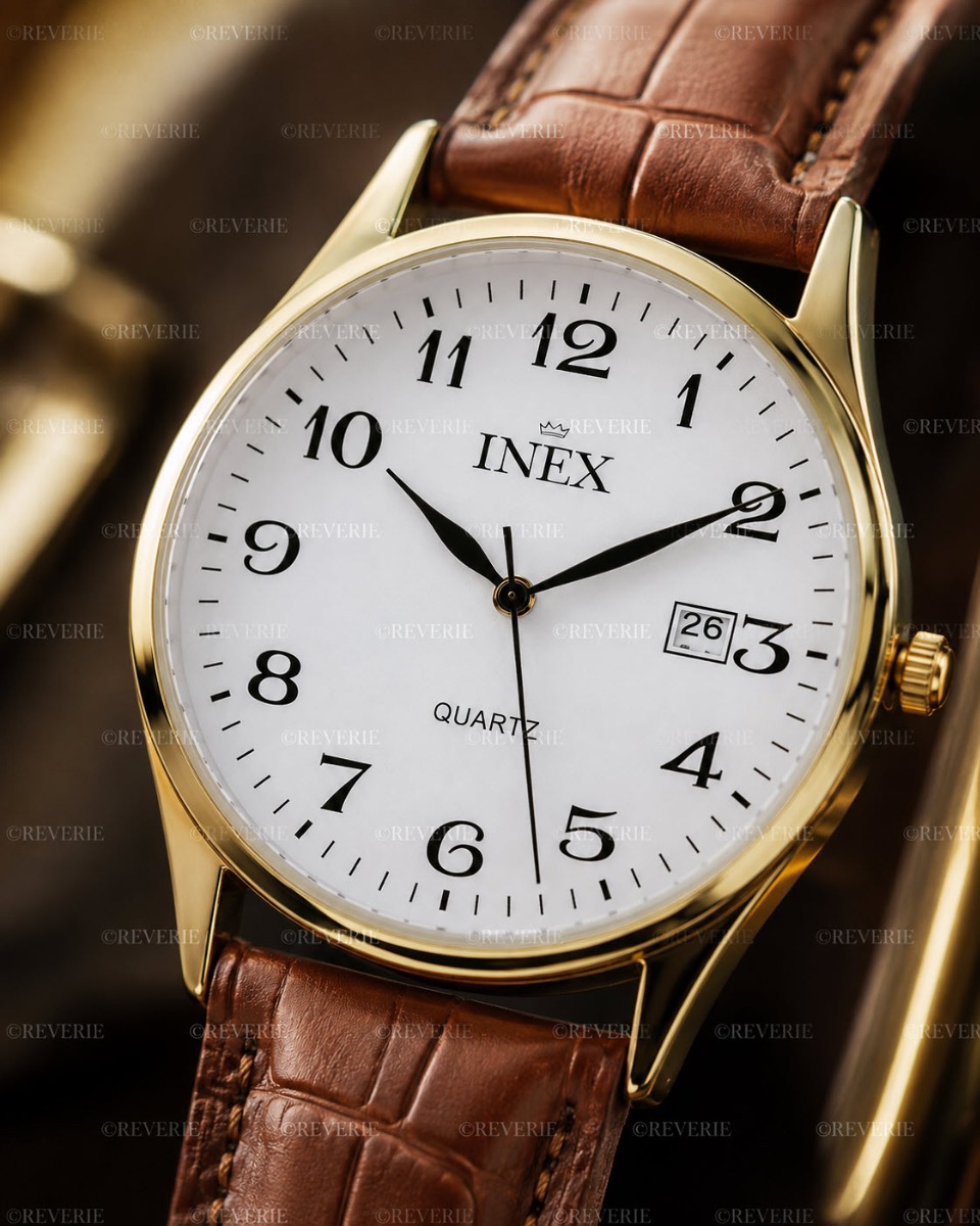 Inex Mens Golden White Brown Leather 38mm - Quartz - Guld - Herrklocka - Läder - Härdat mineralglas