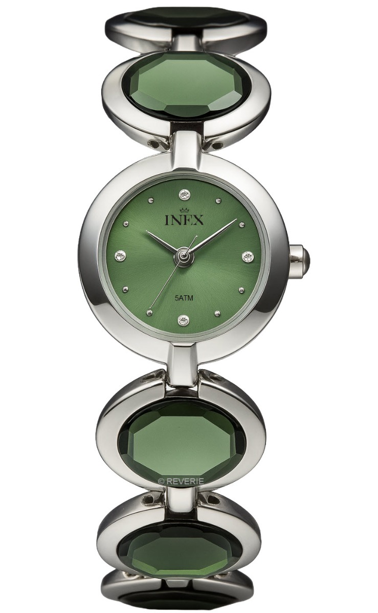 Smycke i silver och grönt - Inex Silver Green A58779S12 - Quartz - Silver - Damklocka - Rostfri stål - Härdat mineralglas