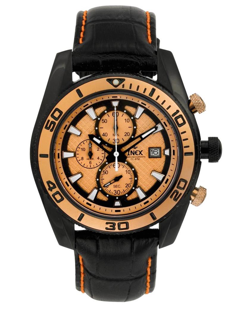 Inex Mens Black Bronze A58854SS7I - Quartz - Svart - Herrklocka - Läder - Härdat mineralglas