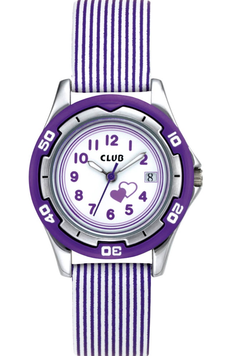 Club 10M Purple White A65192-2S0A - Quartz - Silver - Barnklocka - Läder - Härdat mineralglas