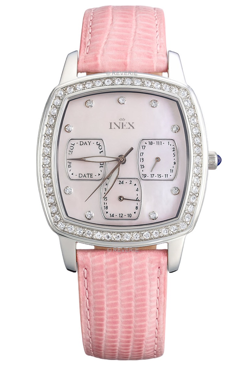 Inex Ladies Pink Day Date Crystals 34mm - Quartz - Silver - Damklocka - Läder - Härdat mineralglas