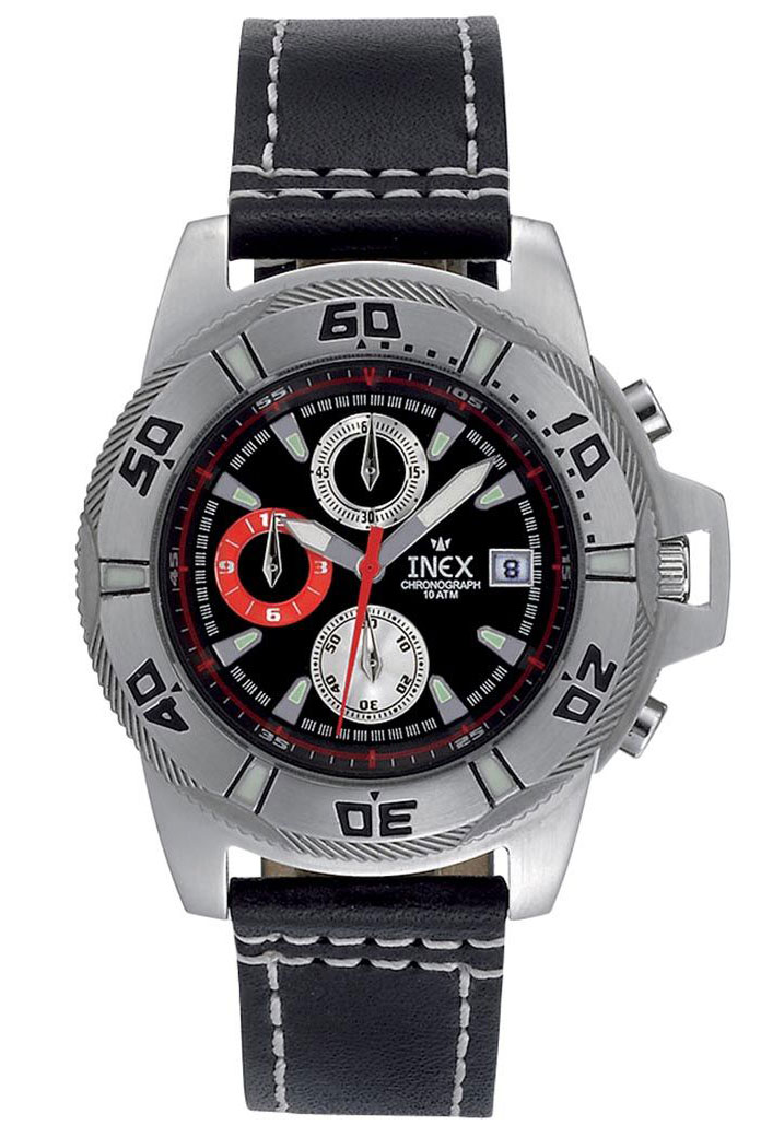 Inex Mens Chronograph Silver Black A69240S5I - Quartz - Silver - Herrklocka - Läder - Härdat mineralglas
