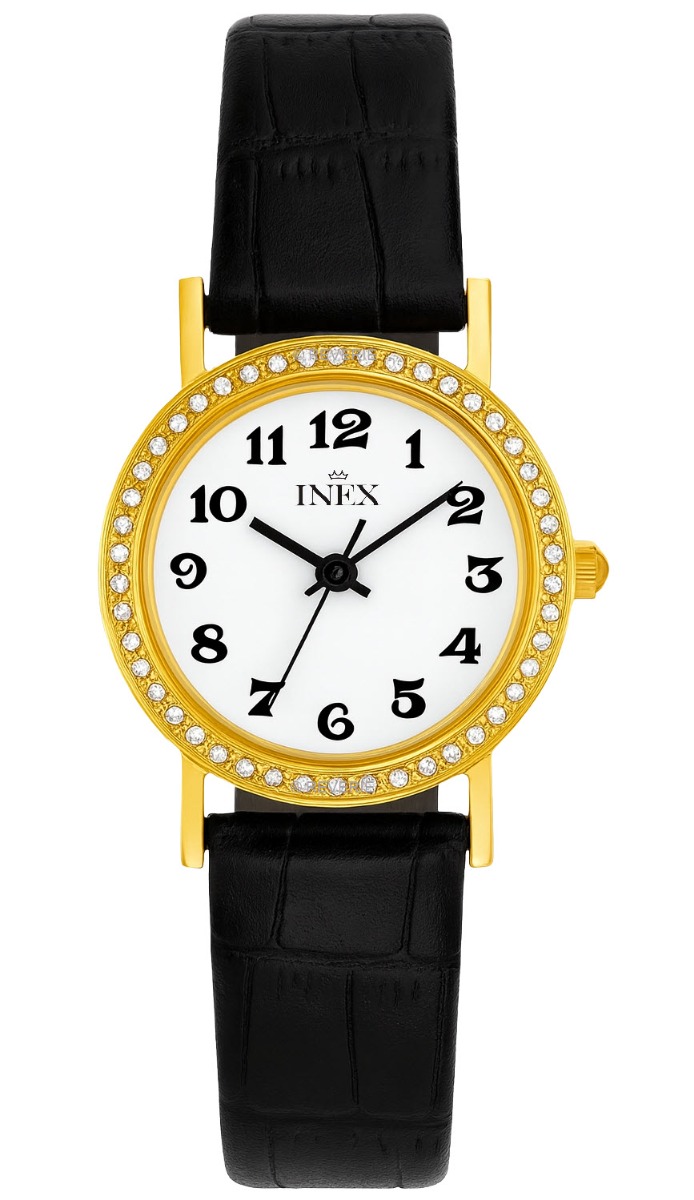 Läderarmbandet är svart - Inex Ladies Gold/White A69399D0A - Quartz - Guld Kristall - Damklocka - Läder - Härdat mineralglas