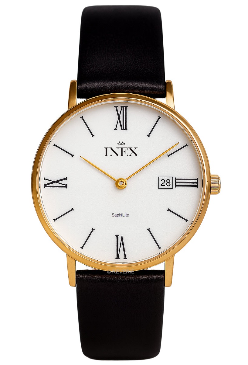Klassiskt herrur med romerska siffror och armband av läder - Inex Mens Gold/White A69446D0KV - Quartz - Guld - Herrklocka - Läder -...