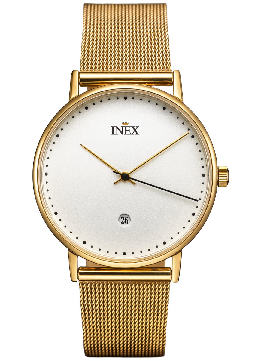 Guldfärgad klocka med vit urtavla - Inex Mens Gold/White A69468-2D4P - Quartz - Guld - Herrklocka - Mesh - Härdat mineralglas